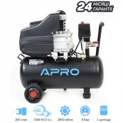 Компресор APRO одноциліндровий 1,5кВт 205л / хв 8бар 24л (2 крана)